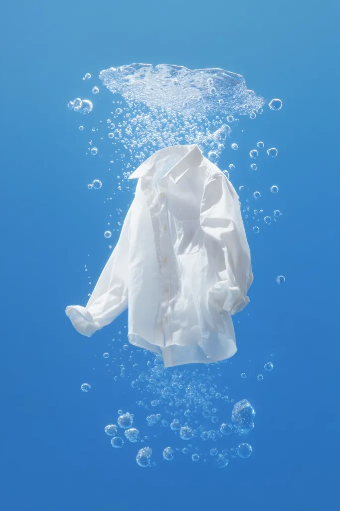 A crisp white long-sleeved shirt is submerged in clear water against a vibrant blue backdrop.  Bubbles rise around the garment, creating a sense of freshness and cleanliness. The image evokes the feeling of washing clothes and the purity of freshly laundered fabrics. The overall aesthetic is clean, simple, and visually appealing.