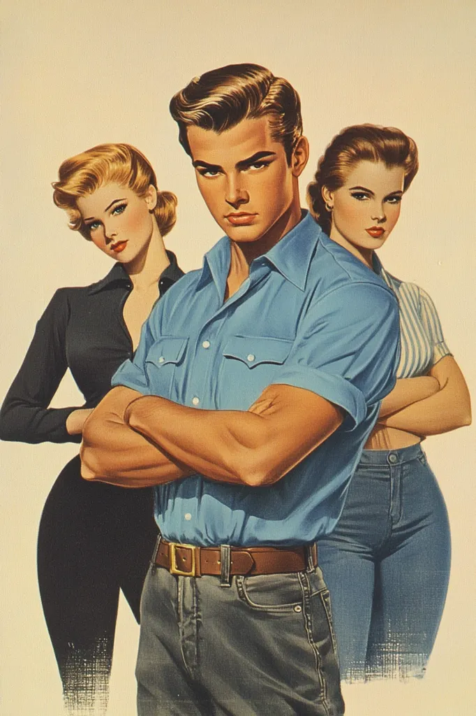 A handsome man in a light blue shirt and jeans stands with his arms crossed, flanked by two attractive women in stylish 1950s attire.  One woman wears a black top, the other a striped blouse.  The image is reminiscent of vintage pin-up art, with a focus on idealized beauty and fashion of the era. The man's confident posture suggests a narrative of romantic tension or competition.