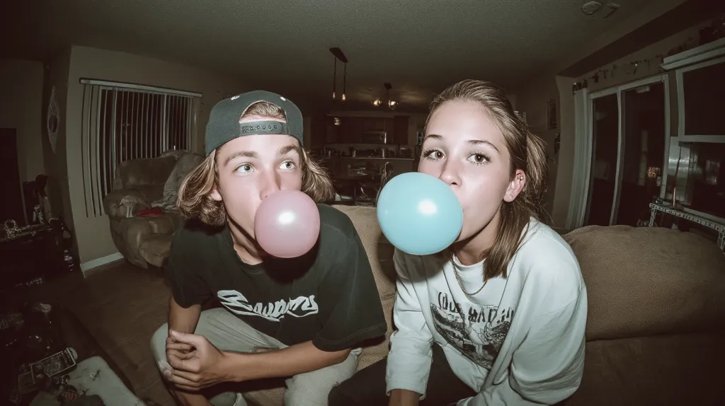 A young couple playfully blows bubblegum bubbles. The boy, wearing a baseball cap and black t-shirt, blows a pink bubble.  The girl, in a long-sleeved shirt, blows a light blue bubble. They are sitting on a couch in a dimly lit room, captured in a fisheye perspective.  The image has a vintage, slightly desaturated feel.