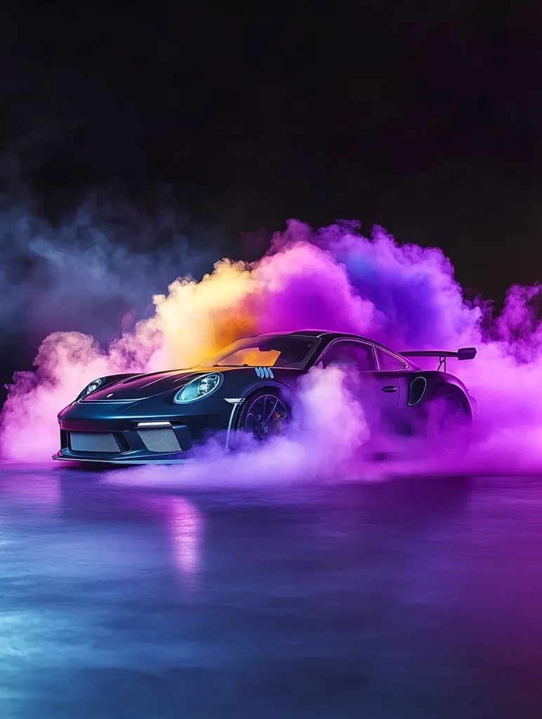 A dark-colored sports car, possibly a Porsche, is engulfed in vibrant purple and yellow smoke. The car is positioned in the lower third of the frame, creating a dramatic contrast against the dark background.  The scene is lit with neon-like hues, reflecting off the wet ground. The overall aesthetic is futuristic and stylized.