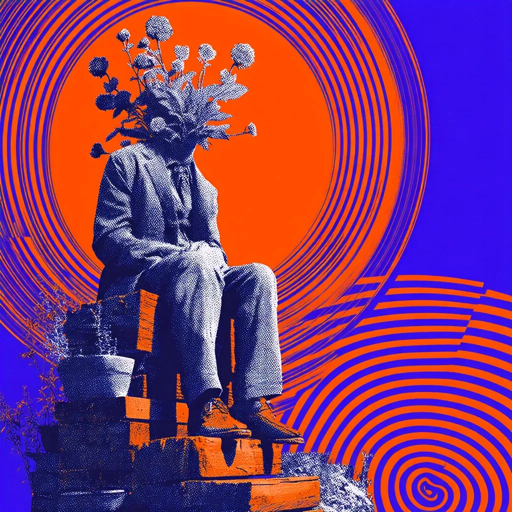 A surreal digital artwork depicts a man seated on a low structure, his head replaced by a vibrant cluster of flowers.  He's rendered in a blue-toned, stippled style, contrasting with the bold orange and blue concentric circles forming the background. The overall aesthetic is psychedelic and evokes themes of growth, transformation, and the subconscious.  Small plants and a pot add to the organic, slightly whimsical feeling.
