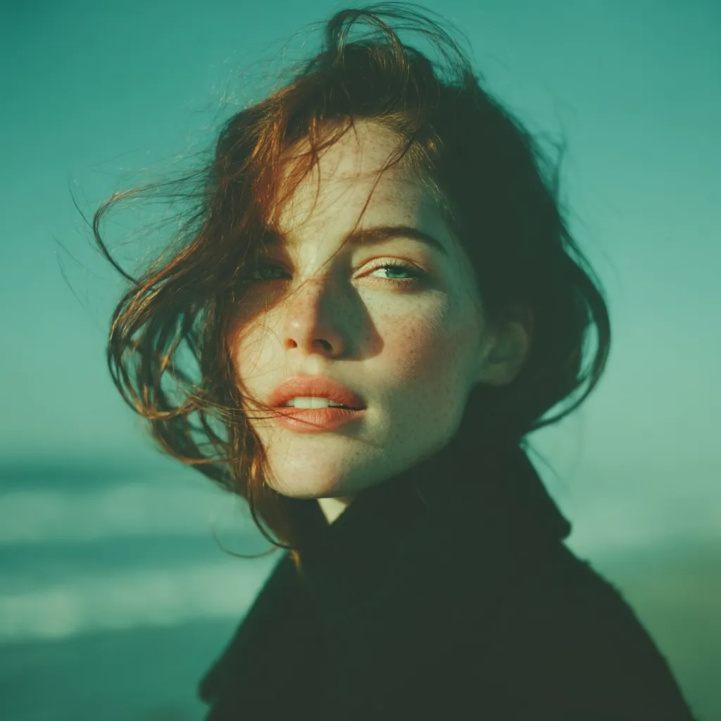 A close-up portrait of a young woman with windblown auburn hair.  She has fair skin with freckles, and her expression is serene.  The background is a blurred teal, suggesting an outdoor setting, possibly near the ocean. The lighting highlights her features, creating a soft, dreamy atmosphere.  She's wearing a dark, turtleneck garment.