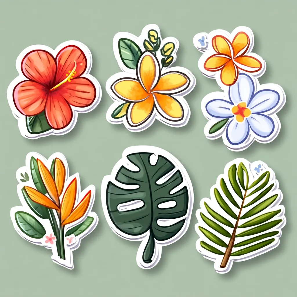 A collection of vibrant tropical stickers features hibiscus, plumeria, and other exotic flowers.  A monstera leaf and a fern frond add to the lush, summery theme.  The stickers are illustrated in a hand-drawn style with bold colors and white borders, ideal for crafting or decorating.  They evoke a sense of warmth and island paradise.