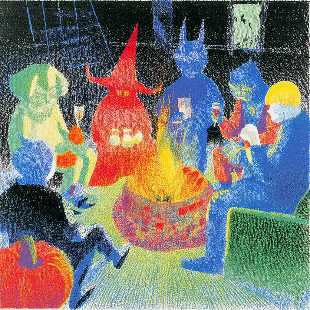 A vibrant pointillist-style painting depicts a Halloween gathering around a bonfire.  Costumed figures, including a witch, devil, and other fantastical creatures, sit together, holding drinks.  A pumpkin sits prominently in the foreground, adding to the autumnal ambiance. The colors are bright and bold, with a strong contrast between the figures and the background.  The scene is lively and slightly surreal.