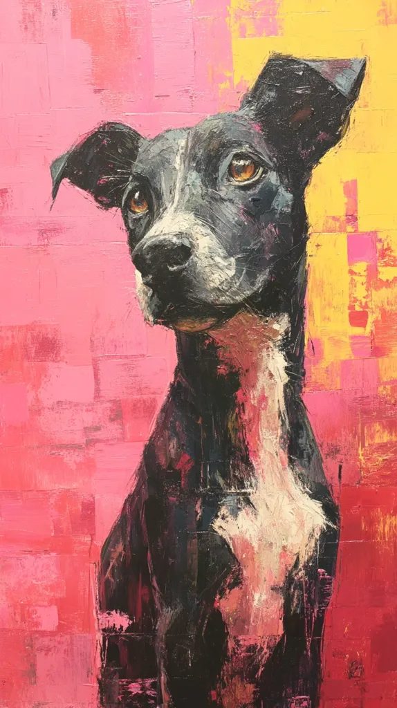 A vibrant portrait of a black and white dog, painted with bold, expressive brushstrokes.  The dog's pensive gaze is captivating against a backdrop of contrasting pink and yellow hues. The impasto technique adds texture and depth, creating a dynamic and energetic piece. The colors are rich and saturated, contributing to the overall intensity of the artwork.  The painting's style is modern and emotionally engaging.