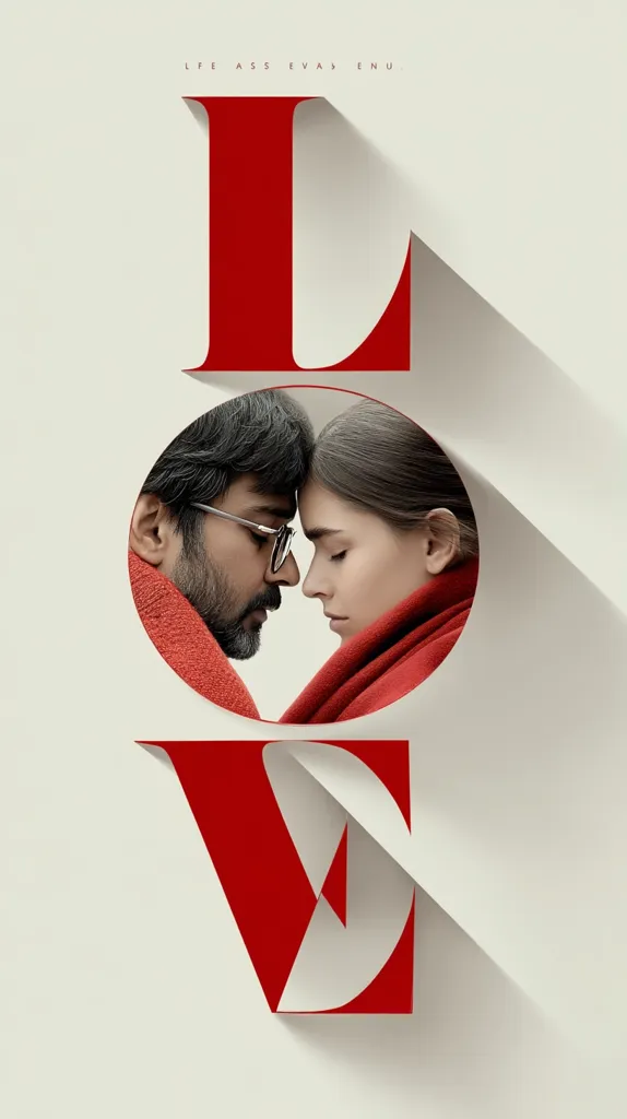 A minimalist movie poster for "Life as we know it" features a large, stylized red "LOVE" in a sans-serif font.  The "O" is replaced with a circular image of a man and woman in close proximity, their foreheads touching, both wrapped in red scarves.  The design is clean and modern, emphasizing the theme of love. The title is subtly placed at the top.