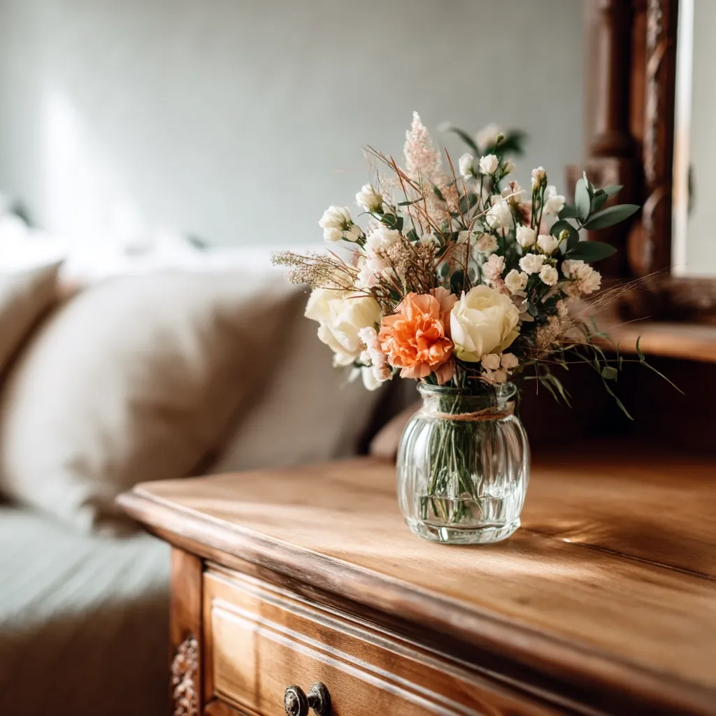 A small glass vase filled with a delicate bouquet of peach and white flowers sits on a rich, dark wooden dresser.  The flowers include carnations and other small blooms, accented with dried grasses.  The dresser is positioned in a bedroom, with a blurred bed and pillows in the background, creating a serene and calming atmosphere.  Sunlight gently illuminates the scene.