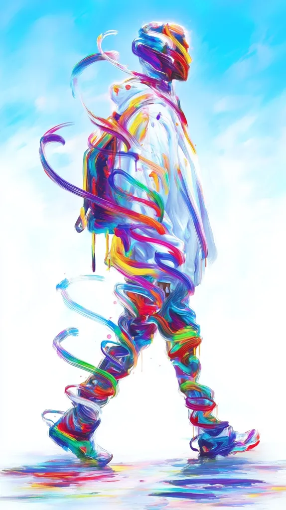 A vibrant, abstract painting depicts a person walking.  The figure is rendered in swirling strokes of bright, multicolored paint, creating a dynamic and energetic feel.  The background is a light blue sky, contrasting with the intense colors of the figure. The overall impression is one of movement, freedom, and artistic expression.