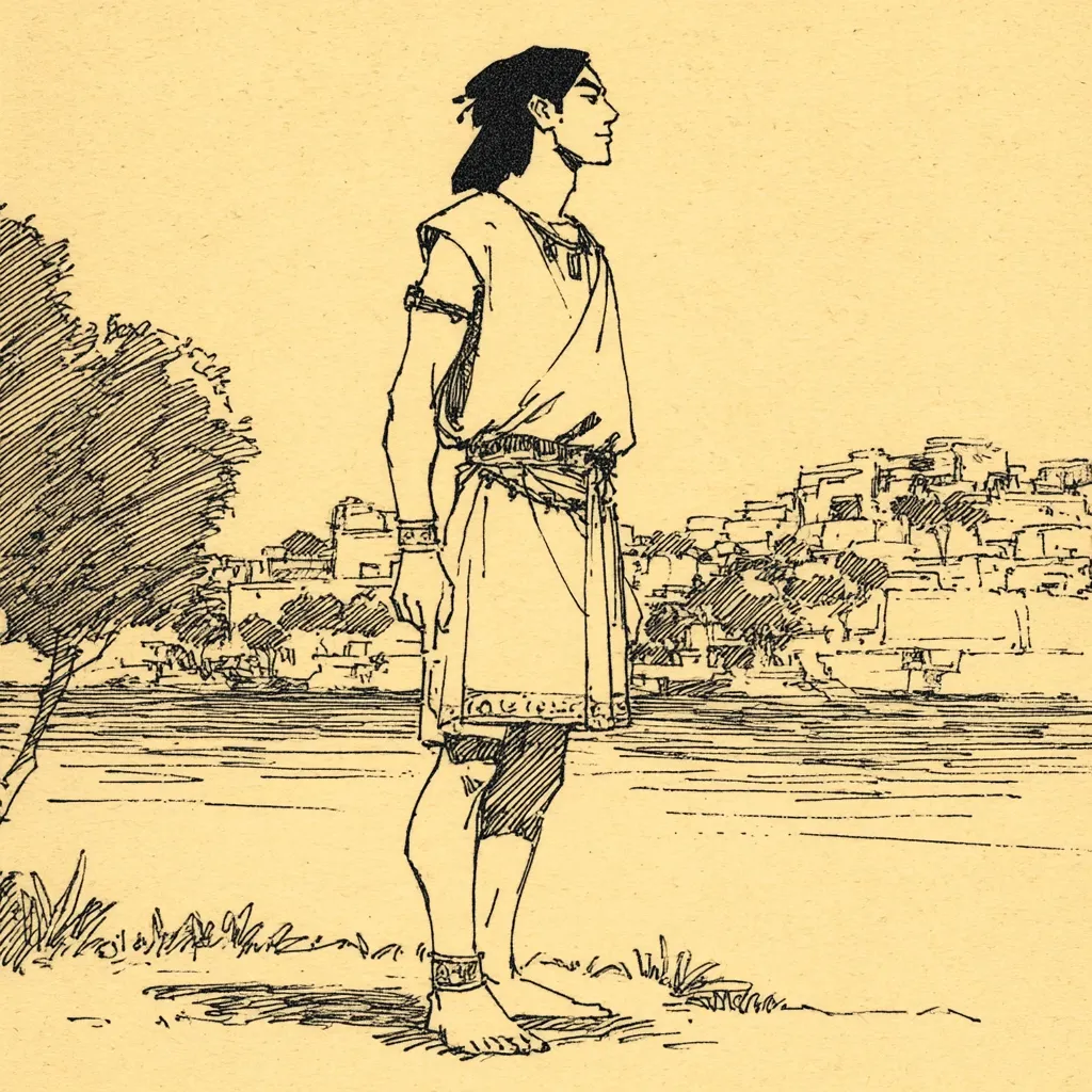 A line drawing depicts a young man, barefoot and clad in a tunic and ankle bracelets, standing by a riverbank.  He gazes towards a distant city nestled among trees and hills. The style suggests an ancient or historical setting. The man’s posture is contemplative, his gaze directed away from the viewer.  The overall palette is sepia-toned, enhancing the image's antique feel.