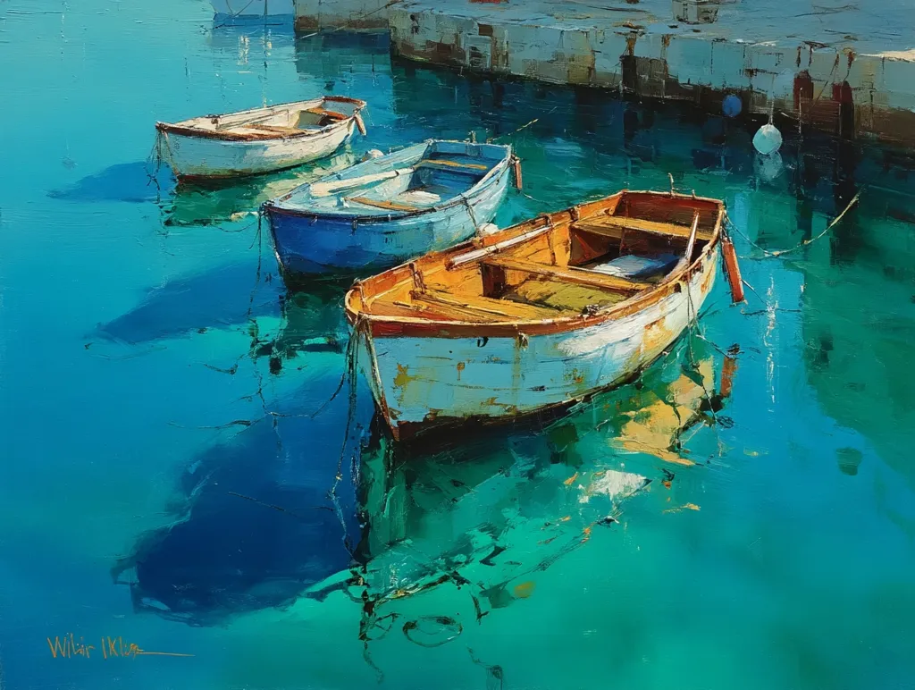 Three small fishing boats are moored in a tranquil, turquoise harbor.  The boats, showing signs of wear, are painted in varying shades of white, blue, and a faded orange.  Sunlight reflects vividly on the water's surface, creating shimmering highlights and deep shadows. A stone dock is visible in the background, adding to the peaceful, Mediterranean scene. The artist's signature is subtly placed in the bottom left corner.
