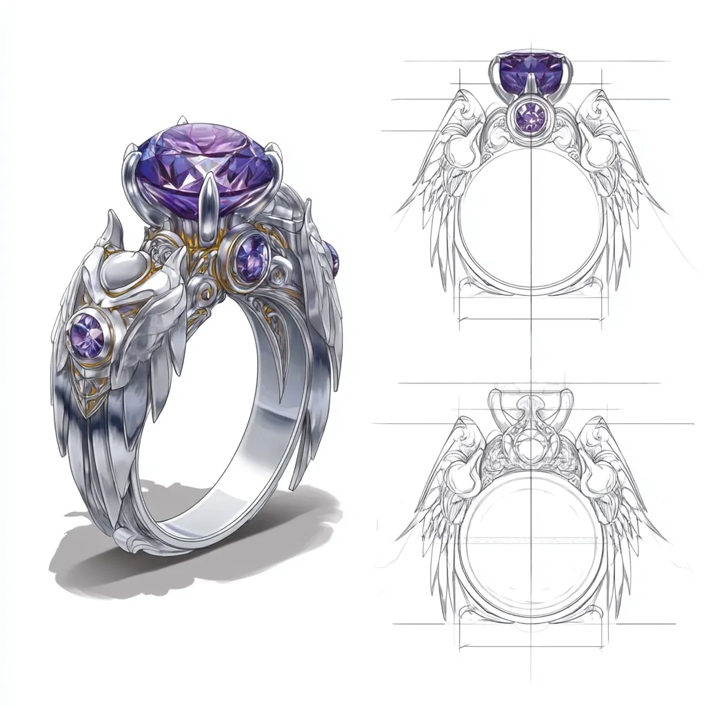 The image showcases a detailed design for an ornate ring.  The ring features a large, central amethyst surrounded by smaller amethyst accents, set in silver with gold detailing.  Intricate, winged designs flank the central stone, creating a dramatic and fantastical aesthetic.  Alongside the rendered ring are two detailed design sketches showing the ring from different perspectives, illustrating the design process.