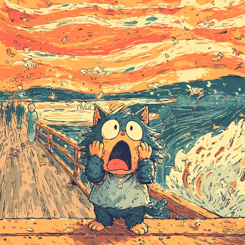 A stylized cartoon cat, rendered in the style of Edvard Munch's "The Scream," stands on a pier, mouth agape in terror.  The swirling, expressive background mirrors the original painting's emotional intensity.  Silhouetted figures walk on the pier, adding to the scene's dramatic atmosphere. The overall effect is a humorous yet poignant reimagining of a classic artwork.