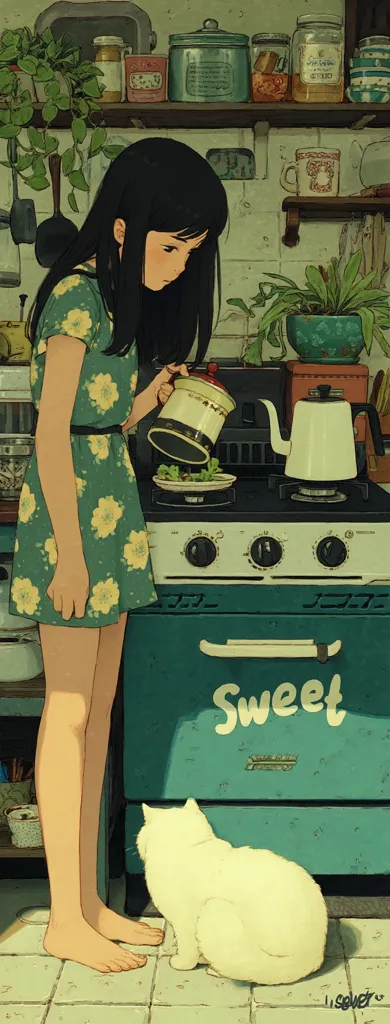 A young woman with long black hair, wearing a floral dress, stands in a cozy kitchen. She pours from a coffee pot onto a stovetop.  A white cat sits patiently nearby.  The kitchen is filled with plants, jars, and vintage appliances, creating a warm and inviting atmosphere. The oven door reads "Sweet".