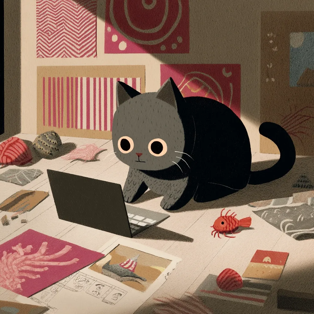 A gray cat with large eyes sits on a floor strewn with art supplies and papers.  A laptop sits open in front of it.  The room is sunlit, with various abstract artworks hanging on the walls. A small red toy fish lies near the cat. The overall style is minimalist and charming, suggesting a creative workspace.