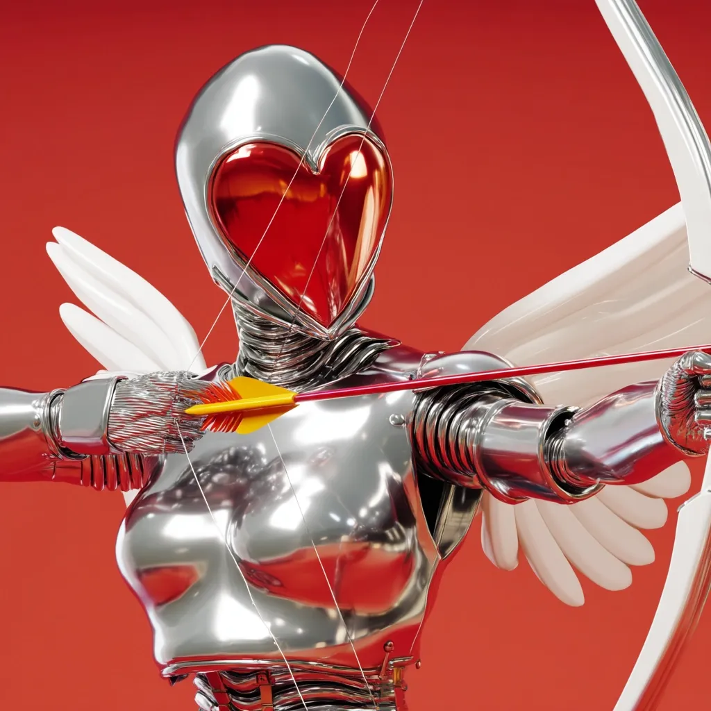A chrome robot Cupid, with heart-shaped visor and angelic wings, aims a bow and arrow.  The arrow has a yellow fletching.  The robot's metallic body gleams against a vibrant red background. The image is a stylized and futuristic take on the classic Valentine's Day iconography.