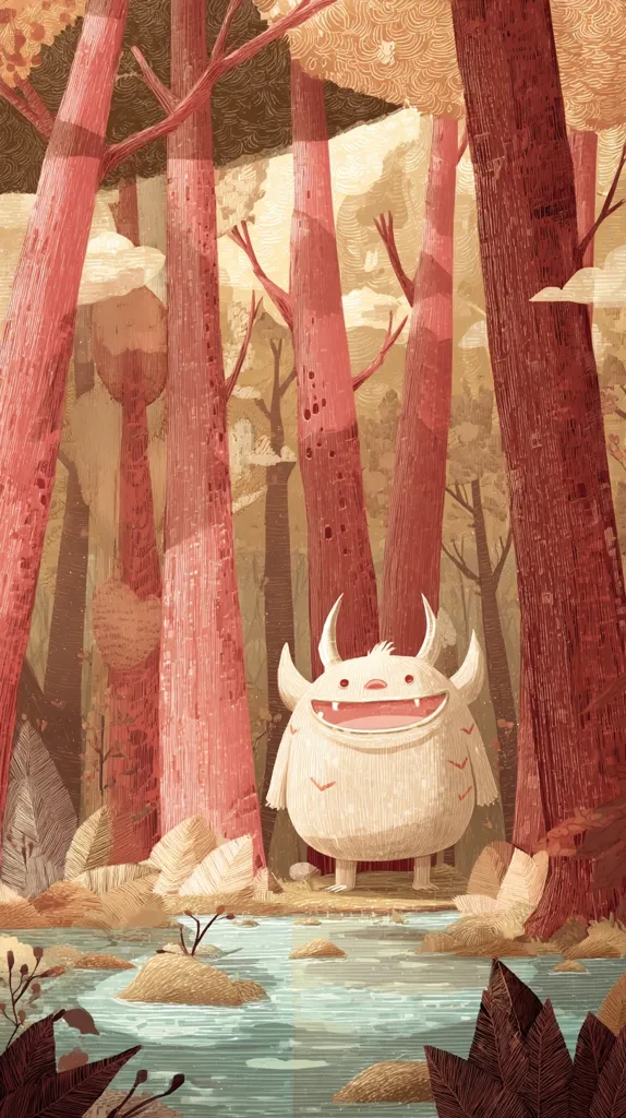 A cheerful, fluffy monster with horns smiles in a whimsical forest scene.  Tall, reddish-pink trees surround a calm, shallow stream reflecting the muted light.  The illustration uses textured brushstrokes in warm earth tones, creating a dreamy, fairytale atmosphere.  The monster appears friendly and at peace within the serene woodland setting.