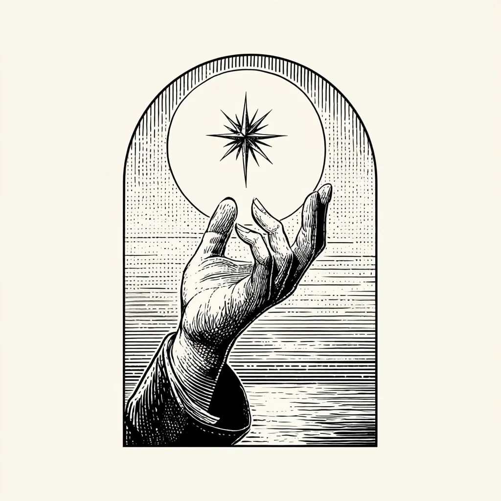 A detailed black and white illustration showcases an outstretched hand gently cradling a radiant star within a circular frame.  The hand, rendered in a woodcut style, is depicted against a textured background suggesting a horizon or sky. The arched frame adds a sense of elegance and mystery to the composition. The image evokes feelings of hope, guidance, and celestial wonder.