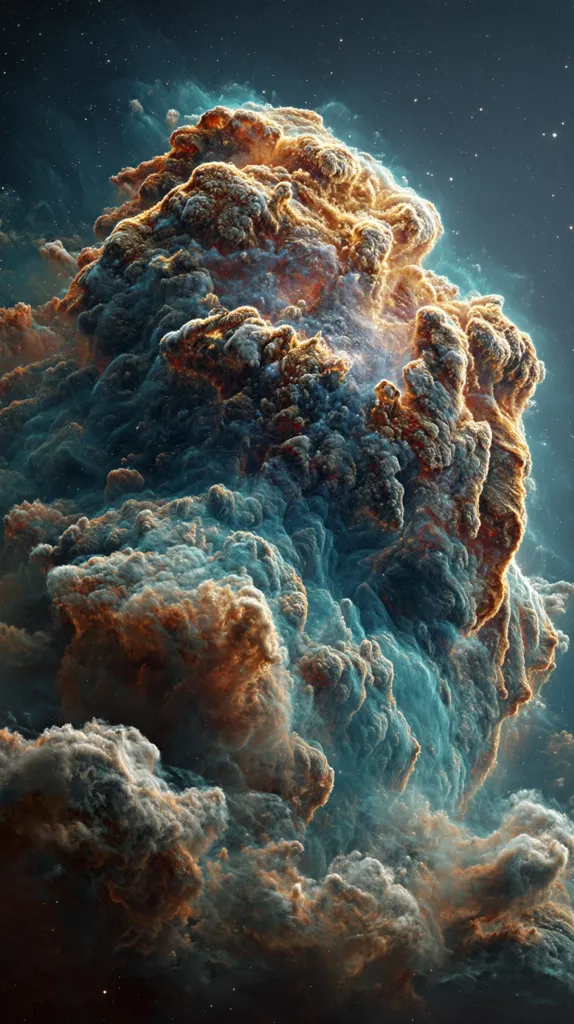 A breathtaking cosmic landscape unfolds, showcasing a nebula of vibrant teal and burnt orange hues.  The nebula's swirling clouds resemble a colossal, ethereal sculpture against a backdrop of deep space and distant stars.  Intricate details within the gaseous formations create a sense of depth and texture, offering a mesmerizing view of celestial artistry.  The image evokes feelings of awe and wonder at the vastness of space.