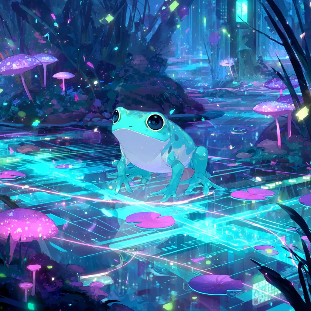 A vibrant digital painting depicts a teal frog perched on a glowing, futuristic surface.  Surrounding it are bioluminescent purple mushrooms and lily pads, nestled within a dark, fantastical forest.  Neon lights and circuitry patterns illuminate the scene, creating a magical, otherworldly atmosphere.  The frog's large eyes and serene posture add to the whimsical nature of the artwork.
