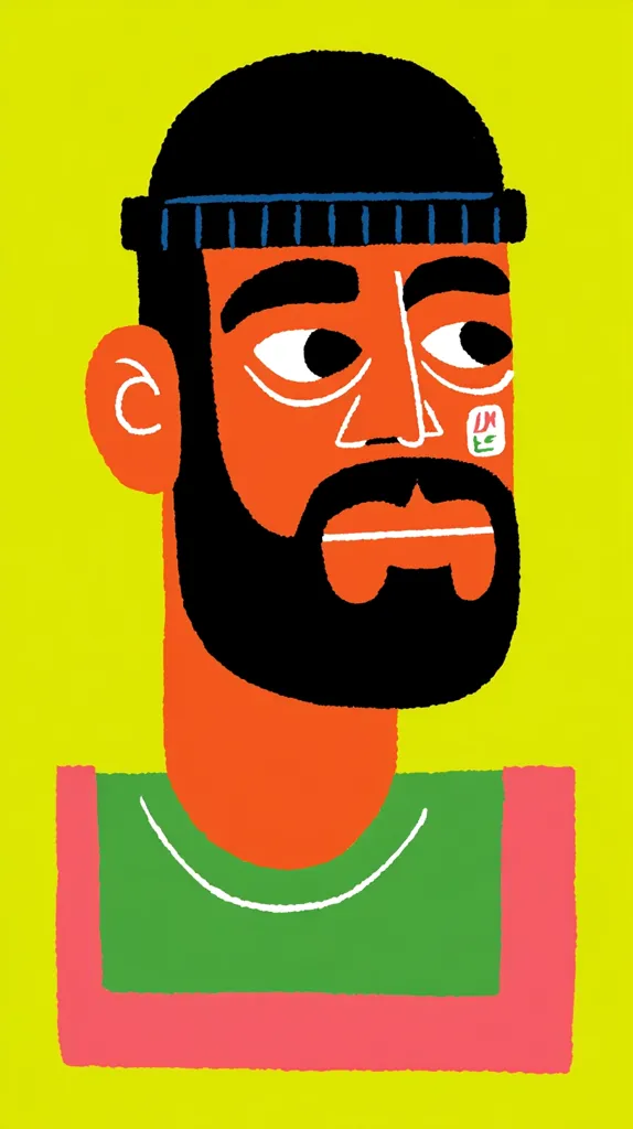 A stylized portrait of a man with a dark knit cap, orange face, and full black beard.  He has a small square sticker on his cheek. The artwork uses bold, flat colors—orange, black, green, and pink—against a bright yellow background. The style is bold and graphic, reminiscent of pop art or children's book illustration. The man's expression is neutral.