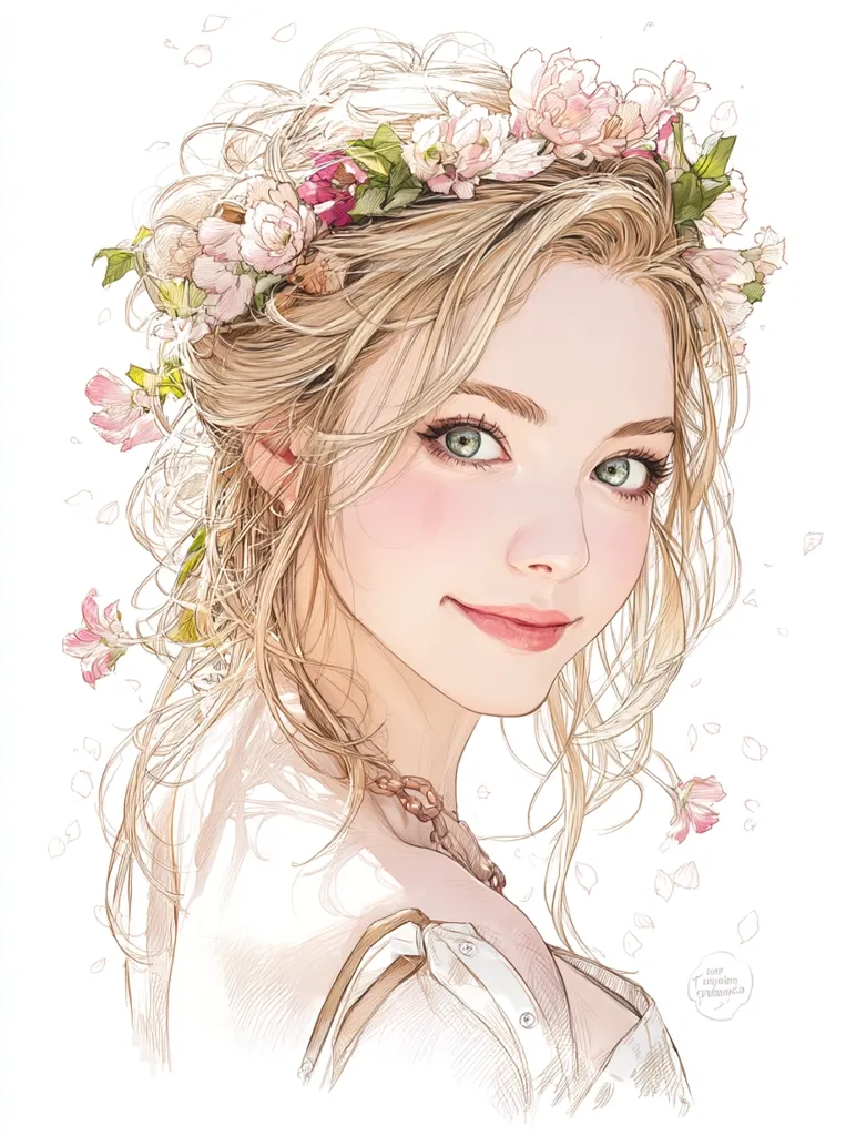 A delicate illustration depicts a young woman with long, blonde hair adorned with a floral crown.  Her hair is styled in a loose updo, and pink and white blossoms cascade around her face. She possesses striking green eyes and a gentle smile.  The style is reminiscent of a soft, romantic painting, with light pencil strokes and pastel coloring.  Falling petals surround her, adding to the ethereal feel.
