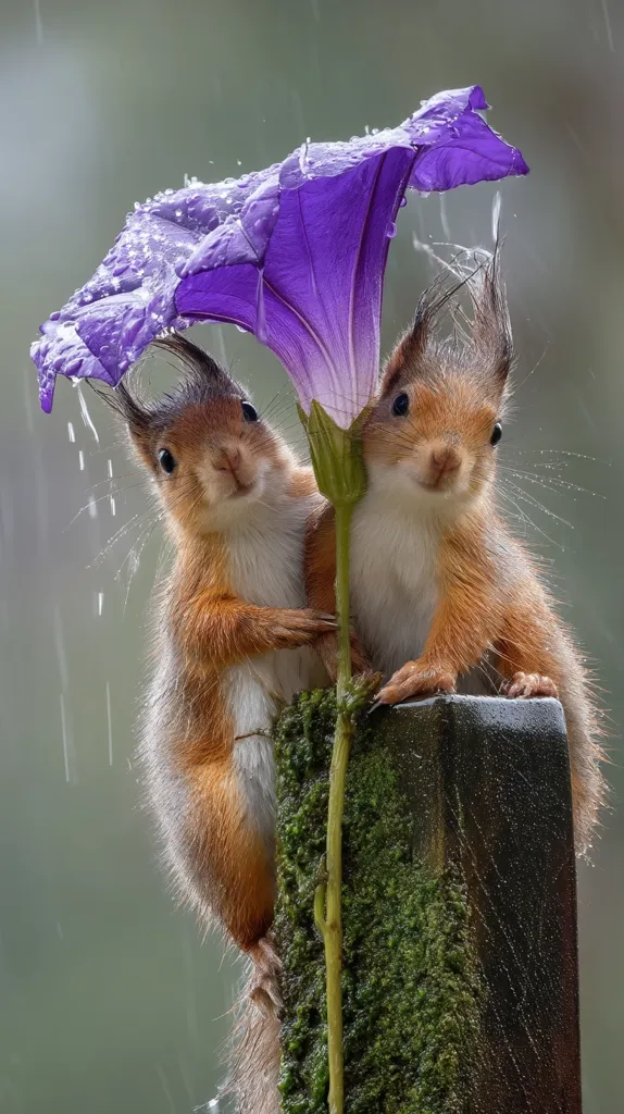 Two adorable red squirrels huddle together under a large, purple rain-soaked flower, which acts as a makeshift umbrella.  They are perched on a mossy post in the midst of a gentle rain shower. The scene is heartwarming, showcasing the squirrels' resilience and the unexpected beauty of nature's shelter.  Their fluffy tails and curious expressions add to the charm.