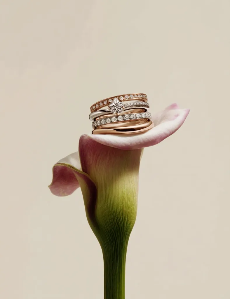 A delicate stack of diamond rings in rose gold and platinum rests gently on the petal of a calla lily.  The central ring features a solitaire diamond, surrounded by several thinner bands. The elegant composition creates a harmonious image of understated luxury and natural beauty. The soft background enhances the focus on the jewelry and the flower.
