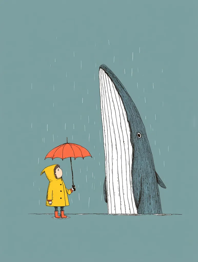A whimsical illustration depicts a small child in a yellow raincoat, holding an orange umbrella, standing before a colossal whale's head emerging from the water.  Rain gently falls, creating a serene atmosphere. The child's small size emphasizes the whale's immense scale, suggesting a sense of wonder and the unexpected intimacy of nature.  The simple line art and muted color palette enhance the illustration's charming and slightly melancholic mood.