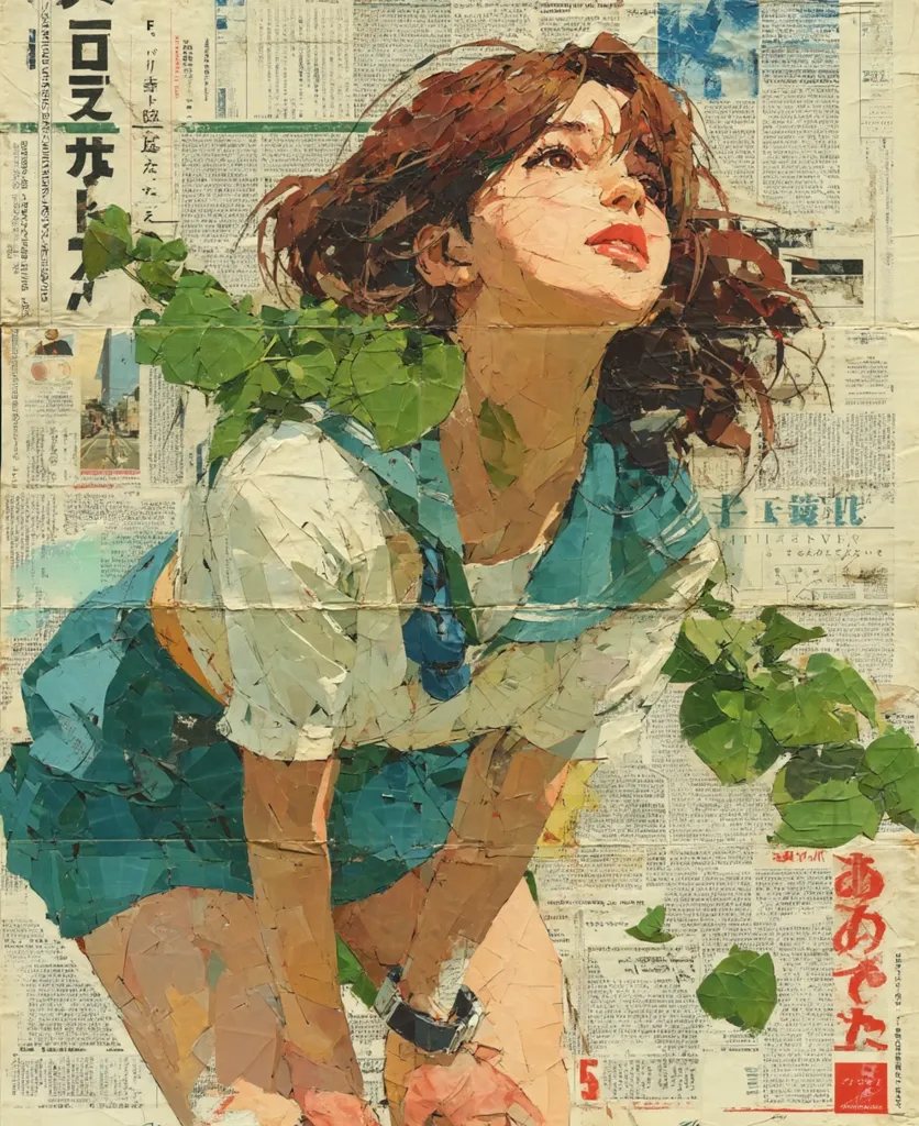 A vibrant, stylized portrait of a young woman, possibly a schoolgirl in a teal uniform, is depicted against a backdrop of collaged newspaper text and green leaves. The artist's technique creates a textured, almost three-dimensional effect, with the woman's form appearing to be built up from fragments of the newspaper and foliage. Her expression is one of peaceful contemplation as she gazes upward. The overall aesthetic is a blend of realism and abstraction, with a unique, visually compelling composition.