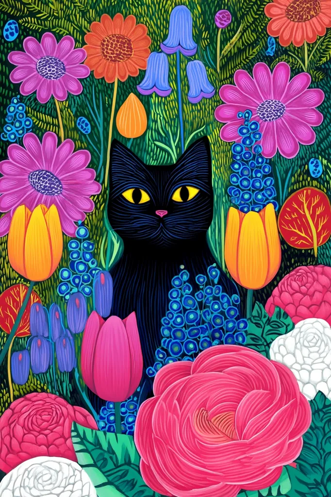 A vibrant illustration features a black cat with bright yellow eyes nestled amongst a profusion of colorful flowers.  Tulips in pink and orange, bright pink and purple daisies, and blue muscari create a lively, almost psychedelic garden scene. The cat's dark form contrasts beautifully with the intense hues of the surrounding blooms, creating a captivating visual effect.  The style is bold and playful, reminiscent of folk art.