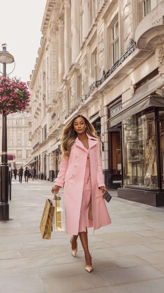 A stylish woman strolls down a London street, elegantly dressed in a pink coat and matching midi dress.  She carries shopping bags, showcasing a chic and sophisticated look. The background features classic London architecture, creating a picturesque setting.  Her long hair cascades down her shoulders, complementing her outfit and the overall ambiance.  The image exudes fashion and elegance.