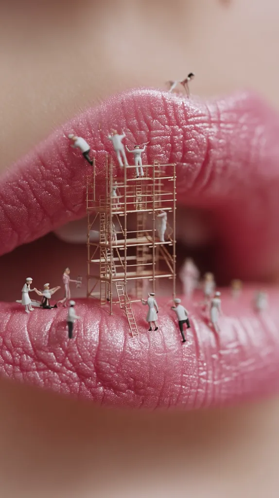 Miniature figures work on a scaffolding constructed on a close-up of a woman's glossy pink lip.  The tiny workers, dressed in white, appear to be building or repairing the lip's surface.  The image is a surreal juxtaposition of scale and subject matter, creating a visually striking and unusual composition.