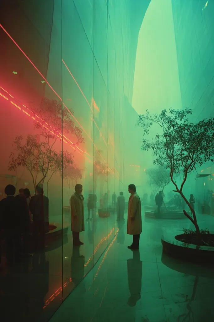 Two figures stand in an atmospheric, dimly lit space, possibly an atrium.  A large glass wall reflects red and green neon lights, creating a surreal, dreamlike ambiance.  Small trees and shrubs are scattered in planters, contrasting with the modern architecture.  The scene is shrouded in a misty fog, lending a mysterious and contemplative mood.  The reflections in the glass further enhance the dreamlike quality of the image.
