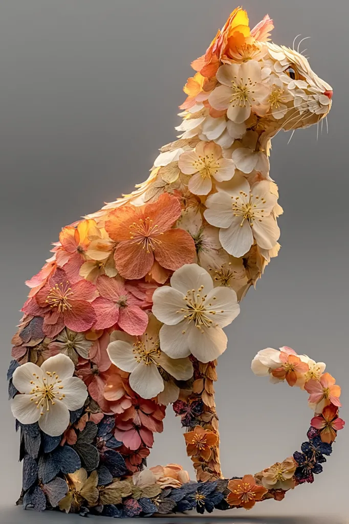 A meticulously crafted cat sculpture is entirely composed of pressed flowers.  Various shades of pink, orange, and white blossoms form the body, while darker hues create depth and shadow.  The cat is depicted in a seated pose, its tail curled elegantly.  The delicate artistry showcases a stunning blend of natural beauty and artistic skill.
