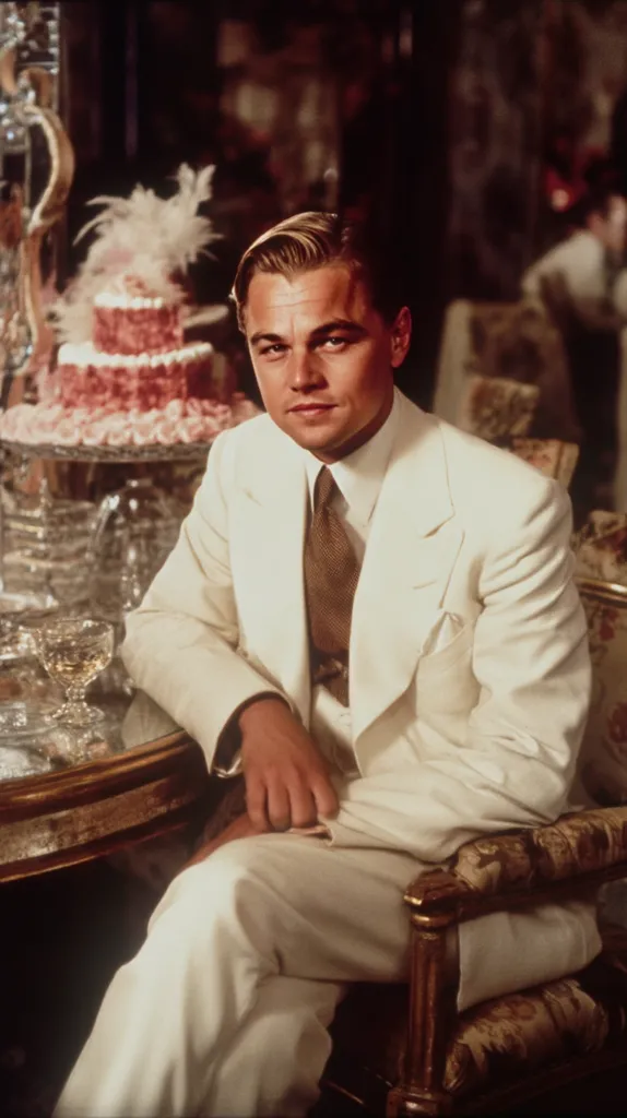 A young Leonardo DiCaprio, in a stylish cream-colored suit and brown tie, sits elegantly in a richly decorated room.  A multi-tiered cake with pink frosting and white feathers adorns a nearby table, suggesting a celebratory atmosphere.  The image is warm-toned and evokes a sense of old Hollywood glamour.  He rests his hand on his leg, his gaze directed slightly off-camera.