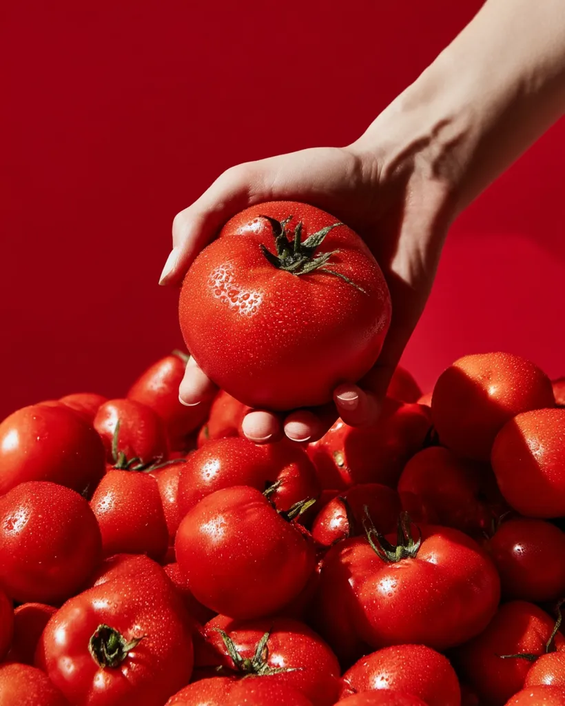 A hand gently holds a single, glistening red tomato above a large pile of similar tomatoes.  The vibrant red color dominates the image, creating a rich, saturated backdrop.  Water droplets are visible on the surface of the tomatoes, suggesting freshness. The scene is simple yet striking, focusing on the texture and color of the produce.