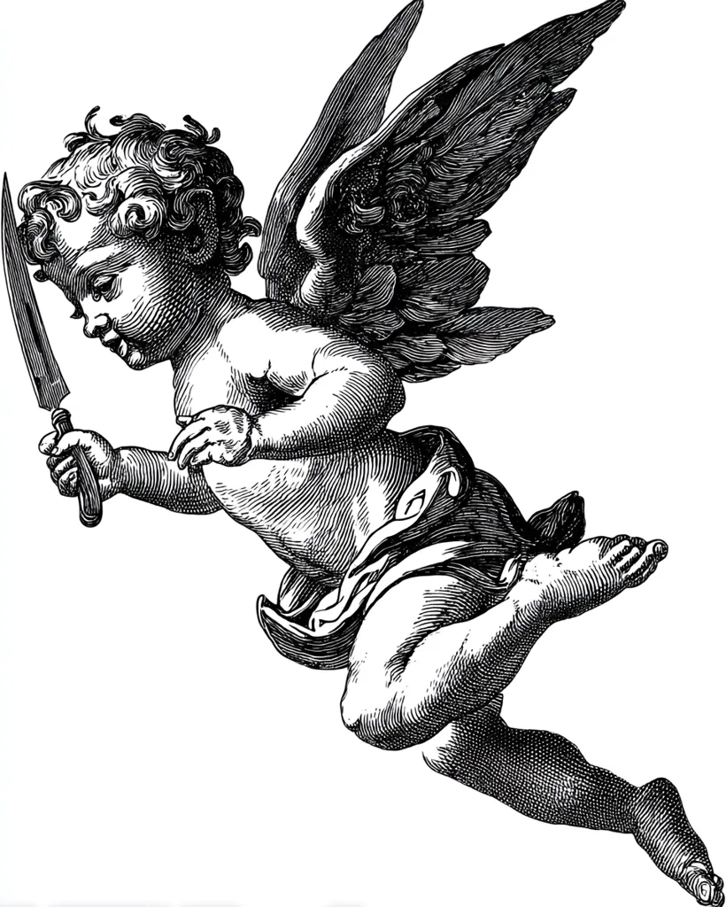 A cherubic, winged figure, seemingly a putto, is depicted in a dynamic pose.  The putto's curly hair and youthful features contrast sharply with the large knife it grips firmly in its hand. The intricate detailing of the wings and musculature showcases a skilled engraving style, creating a dramatic and somewhat unsettling image. The overall impression is one of unexpected violence juxtaposed with innocent cherubic form.
