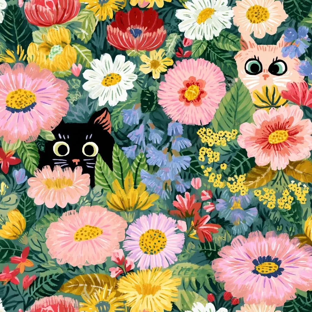 A vibrant floral pattern featuring a playful black cat and a light pink cat peeking from behind a profusion of colorful flowers.  Pink, yellow, red, and purple blossoms fill the scene, creating a cheerful, whimsical, and densely packed arrangement of blooms.  The cats' large eyes add a touch of charm to the densely blossoming garden.