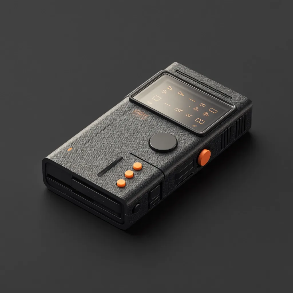 A sleek, black handheld device with a retro-futuristic design rests on a dark surface.  Its textured casing features a small screen displaying numerical data and several orange buttons.  A central, circular button suggests a primary function.  The overall aesthetic evokes classic technology with a modern, minimalist twist.  The device's compact form and simple interface hint at a practical, perhaps portable, function.