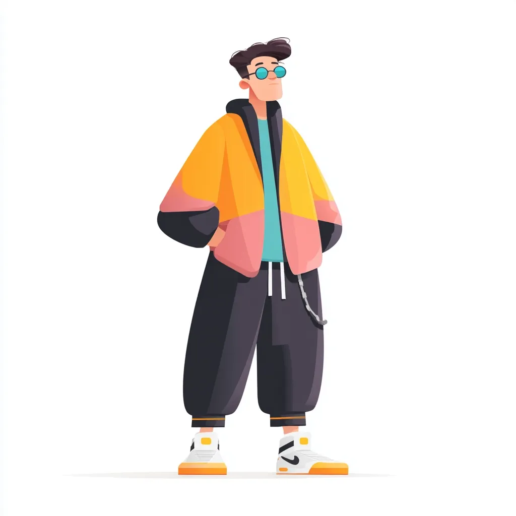 A stylish young man stands confidently, hands in pockets. He sports a vibrant color-blocked jacket—yellow and pink—layered over a teal shirt.  Black joggers and white sneakers complete his outfit, accented by a subtle chain detail.  His short dark hair and round, light blue sunglasses add to his cool and contemporary look. The illustration style is clean and modern, with bold colors and simplified forms.