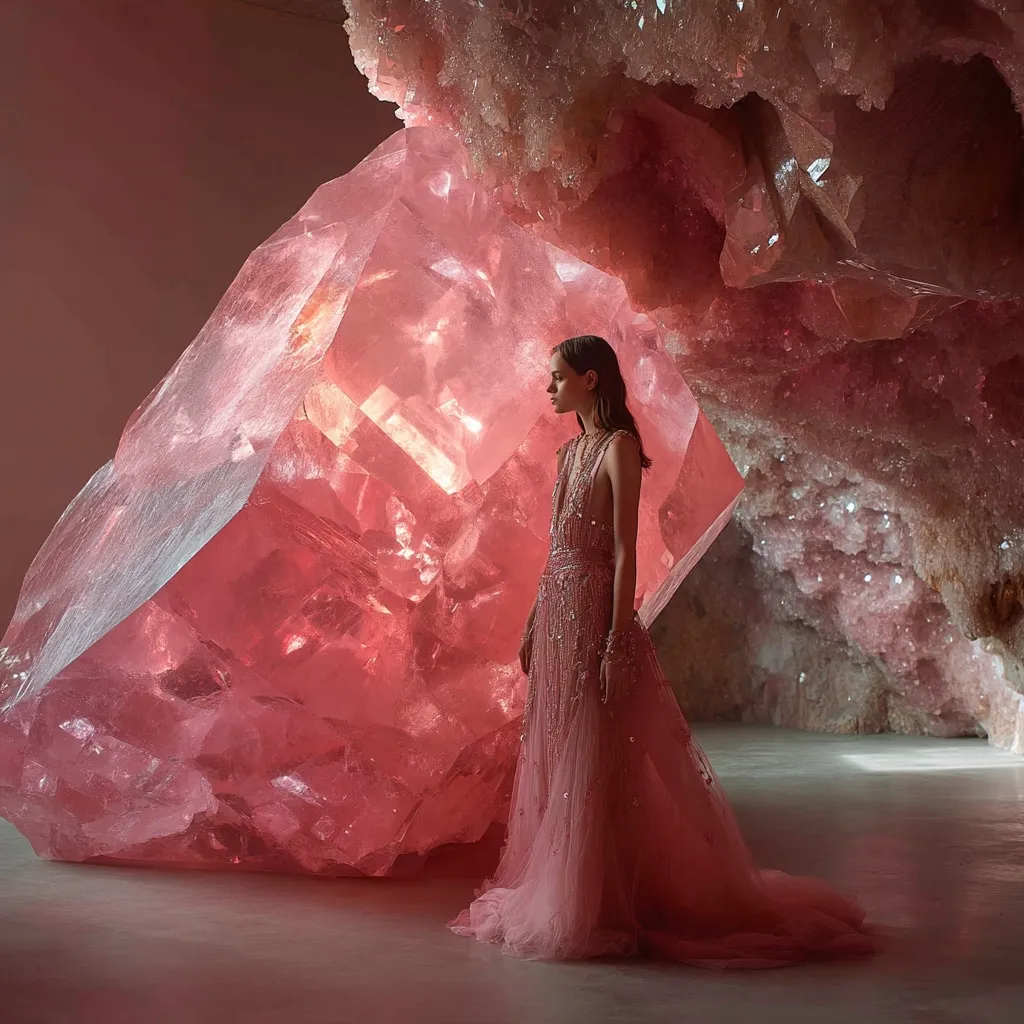 A woman in a long, pink, sequined gown stands before a massive, glowing pink quartz geode.  The setting is dramatic and ethereal, the crystal's light illuminating the dress and the woman's profile. The scene evokes a sense of fantasy and luxury, showcasing the beauty of both the natural world and high fashion.