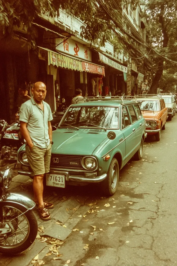 A man in a light-colored shirt and shorts stands next to a vintage teal Honda Civic station wagon parked on a street lined with shops.  The car's license plate is visible.  Other older cars are parked along the street, creating a scene reminiscent of 1970s Southeast Asia.  Overhanging trees provide shade, and overhead wires are visible. The overall atmosphere is warm and nostalgic.