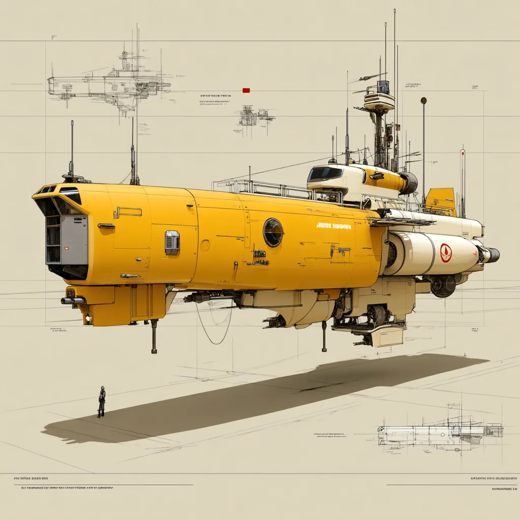 A detailed conceptual design of a futuristic, yellow submarine-like vessel is presented.  The artwork includes technical schematics and blueprints, showing various angles and specifications.  The submarine, named "JUMBO SUBMERGE," features a long, cylindrical main body, a control cabin, and additional rear components.  A small figure is included for scale, highlighting the vessel's impressive size. The overall style is clean and precise, suggesting a high level of technological advancement.