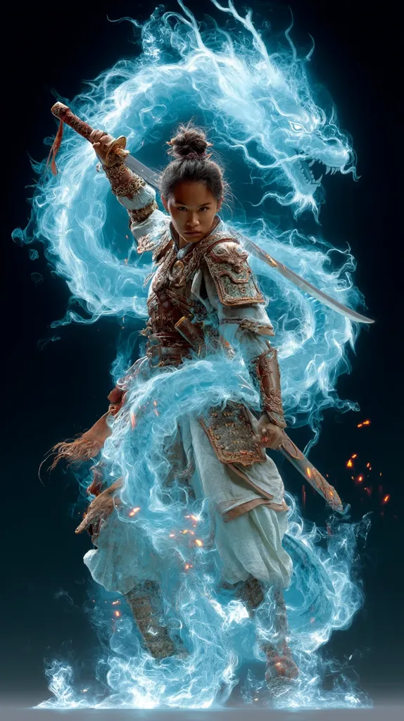 A female warrior, clad in ornate armor, wields a long sword.  She is surrounded by a swirling, ethereal blue energy resembling a dragon.  Sparks of fire are visible amidst the energy, enhancing the mystical and powerful atmosphere. The warrior's determined expression and poised stance convey strength and mastery.  The dark background accentuates the vibrant blue energy and the details of her costume.