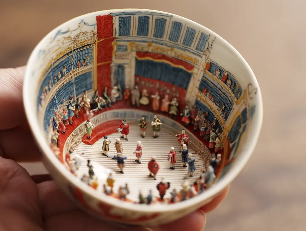 A porcelain bowl intricately depicts a miniature theater scene.  Tiny figurines, meticulously crafted, fill the bowl, portraying actors on stage and an audience in the balconies.  The bowl's interior is painted with a detailed rendering of a Baroque-style theater, creating a captivating three-dimensional artwork.  The scene is vibrant with color and remarkably lifelike in its miniature scale.