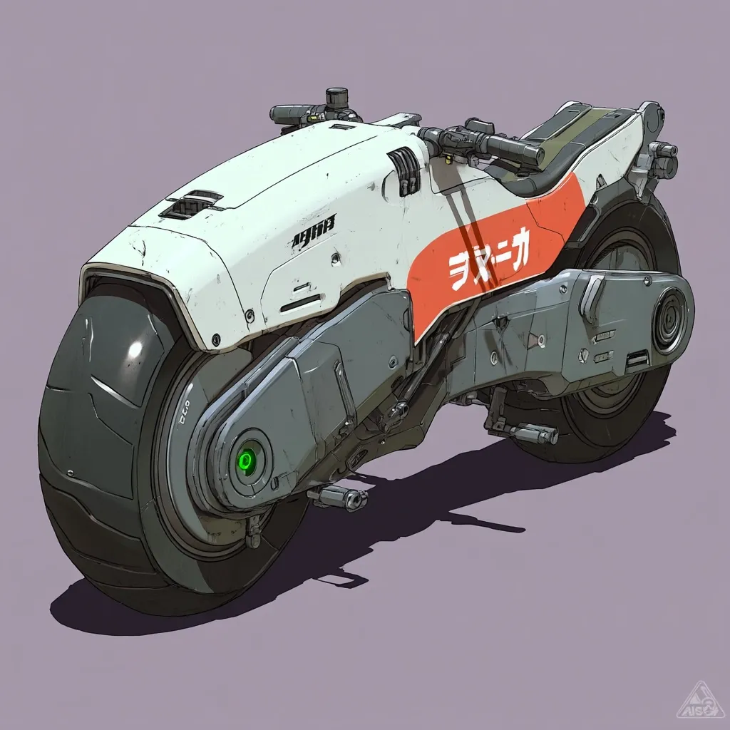 A futuristic motorcycle design is depicted, predominantly white with orange accents.  The bike features a large, chunky front tire and a smaller rear tire.  Japanese characters are visible on the side, possibly indicating a brand or company name. The style is reminiscent of cyberpunk or science fiction, with exposed mechanical elements and a sleek, streamlined body. The overall aesthetic is both rugged and technologically advanced.