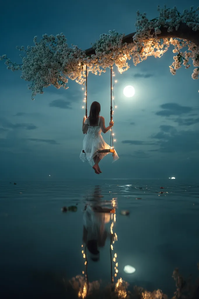 A serene image depicts a woman in a white dress sitting on a swing adorned with fairy lights. The swing hangs from a flowering branch, extending over tranquil water reflecting the scene. A luminous moon illuminates the night sky, creating a magical, dreamlike atmosphere. The overall mood is peaceful and contemplative.
