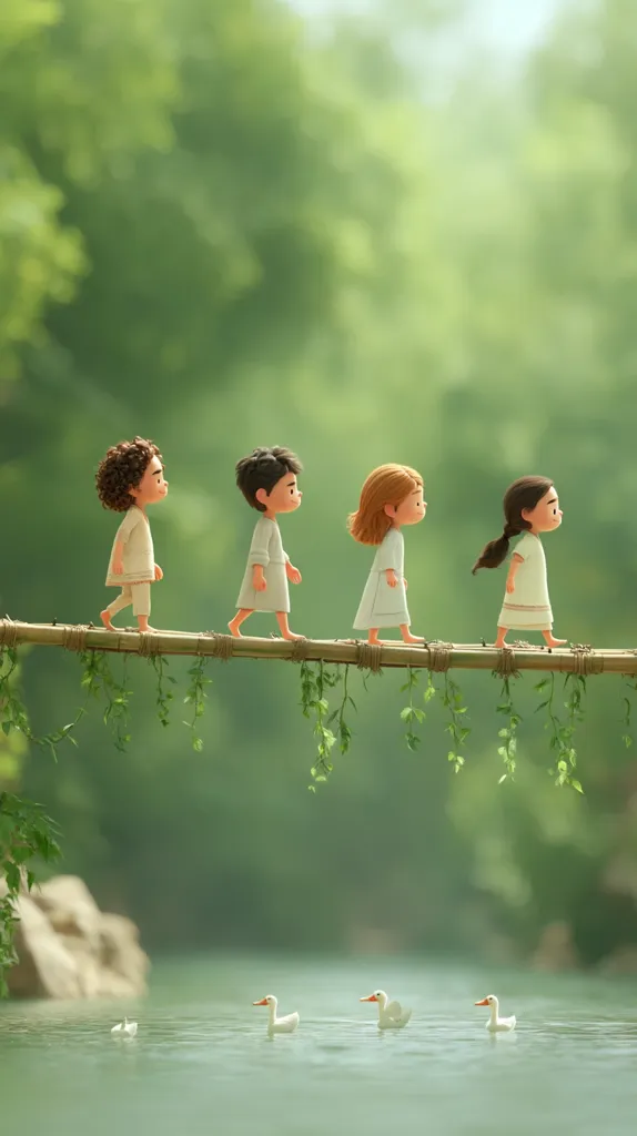 Four stylized children, dressed in flowing white garments, walk single file across a slender bamboo bridge.  The bridge is adorned with hanging greenery. Below, three white ducks glide peacefully on a calm, green river, creating a serene and idyllic scene. The background is a soft, out-of-focus depiction of lush green foliage.