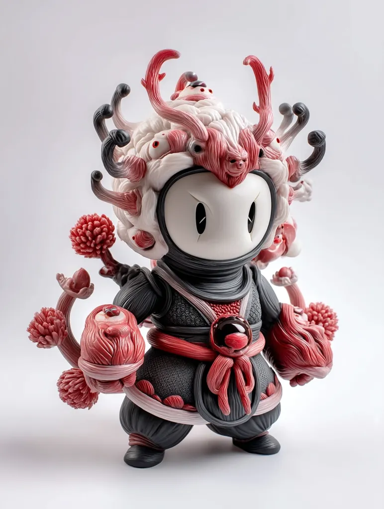 A meticulously crafted figurine, possibly a collectible art toy, features a round, white head with dark eyes, reminiscent of a cartoon character.  Intricate, organic red and gray growths sprout from its head and arms, resembling stylized flora or appendages. The figure wears a dark gray, ornate outfit with red accents, adding a touch of fantasy or mythical design.  The overall aesthetic blends cute and slightly unsettling elements.