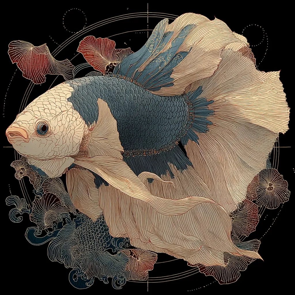 A detailed illustration showcases a Siamese fighting fish, predominantly blue and white, with flowing, cream-colored fins.  The fish is centrally positioned against a black backdrop, encircled by an intricate, geometric design incorporating stylized floral elements in muted reds and golds.  The artistic style suggests a blend of realism and intricate linework, creating a visually striking and ornate piece.